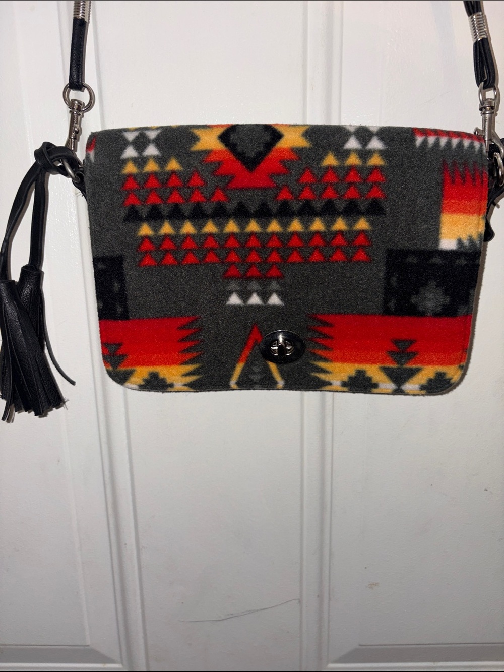 Aztec-Pattern Crossbody Bag in Black and Red